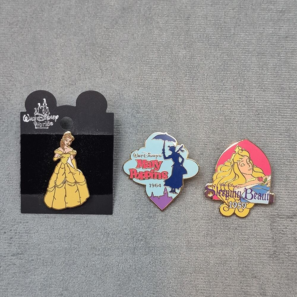 Disney Fotoball Lot of 3 Mary Poppins 1964, Sleeping Beauty 1959 & Bell Pins